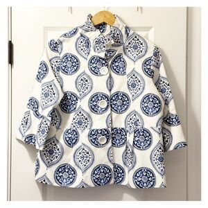 Patty Kim Womens Geo Print Long Sleeve Button Up Shirt Blouse Blue White Size 2X